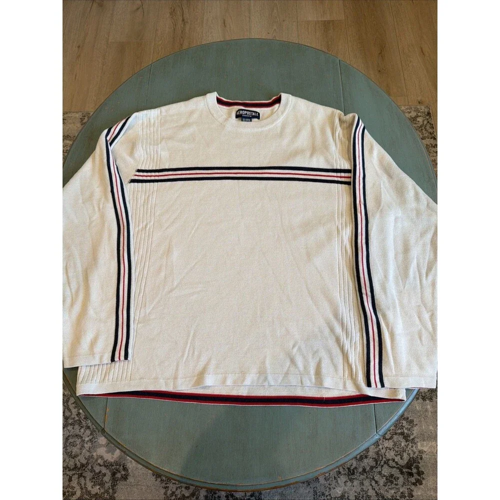 Aeropostale Y2K Striped Ribbed Knit Sweater Cream Navy Red XL